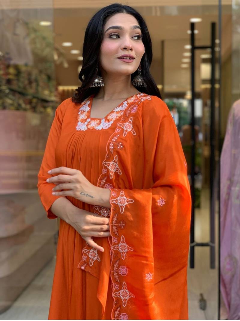 Silk Chiffon Fabric work Straight cut Kurta, Pant and Dupatta Set