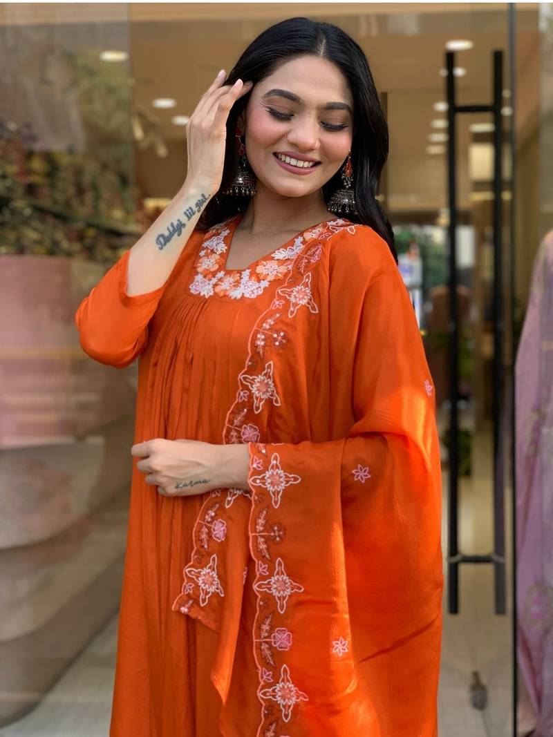 Silk Chiffon Fabric work Straight cut Kurta, Pant and Dupatta Set