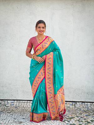 Glamorous weaving meenakari soft silk blend ethnic partywear sea green saree 4