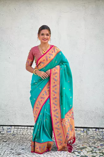 Glamorous weaving meenakari soft silk blend ethnic partywear sea green saree