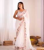 White jimmy choo heavy thread and sequance embroidery work bollywood style saree