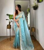 Blue silver tissue silk sequins and jari embroidery work saree