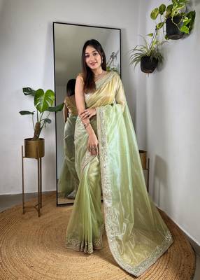 Green silver tissue silk sequins and jari embroidery work saree 1