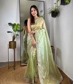 Green silver tissue silk sequins and jari embroidery work saree