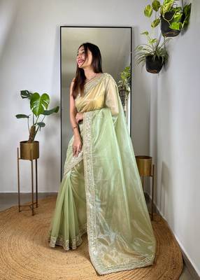 Green silver tissue silk sequins and jari embroidery work saree 2