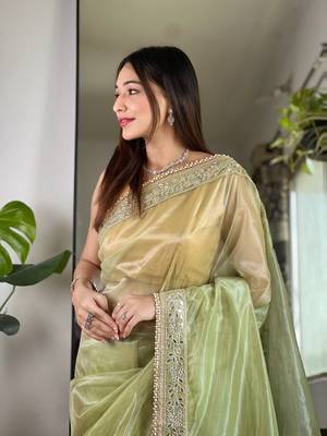 Green silver tissue silk sequins and jari embroidery work saree 3