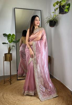 Pink silver tissue silk blend sequins and zari embroidery work saree 1