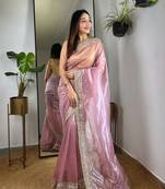 Pink silver tissue silk sequins and jari embroidery work saree