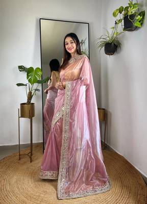 Pink silver tissue silk blend sequins and zari embroidery work saree 2