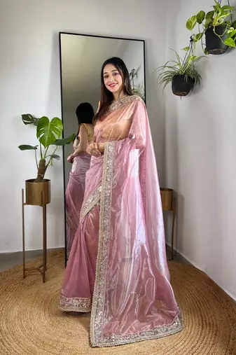 Pink silver tissue silk blend sequins and zari embroidery work saree