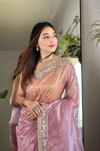 Pink silver tissue silk blend sequins and zari embroidery work saree