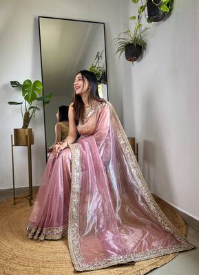 Pink silver tissue silk blend sequins and zari embroidery work saree 5
