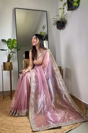 Pink silver tissue silk blend sequins and zari embroidery work saree