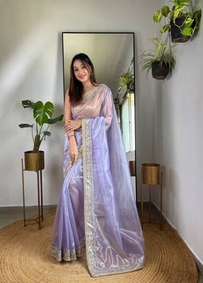 Purple silver tissue silk blend sequins and zari embroidery work saree 1