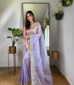 Purple silver tissue silk sequins and jari embroidery work saree