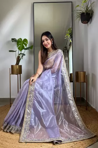 Purple silver tissue silk blend sequins and zari embroidery work saree