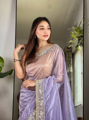 Purple silver tissue silk blend sequins and zari embroidery work saree 3
