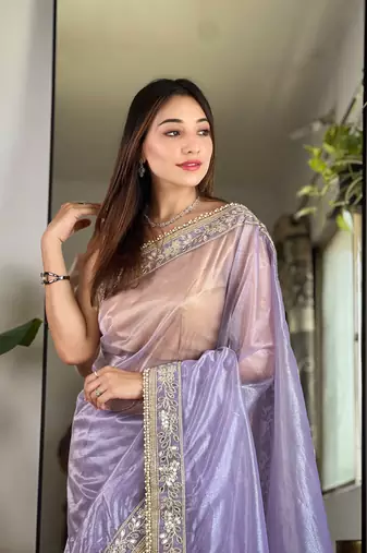 Purple silver tissue silk blend sequins and zari embroidery work saree