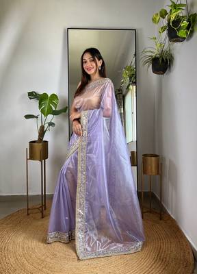Purple silver tissue silk blend sequins and zari embroidery work saree 5