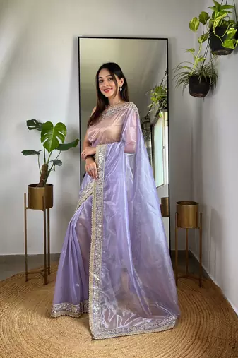 Purple silver tissue silk blend sequins and zari embroidery work saree