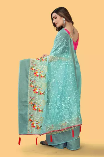 Blue woven patta organza silk blend saree with embroidery and stone work