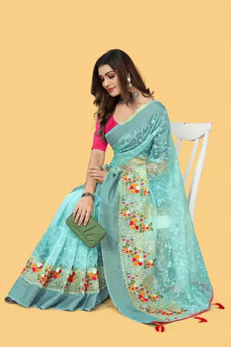Blue woven patta organza silk blend saree with embroidery and stone work