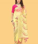 Yellow woven patta organza silk saree with embroidery and stone work
