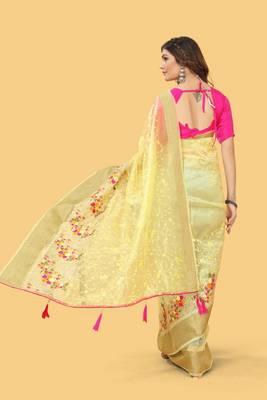 Yellow woven patta organza silk blend saree with embroidery and stone work 2