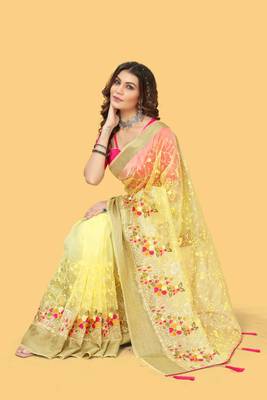 Yellow woven patta organza silk blend saree with embroidery and stone work 4