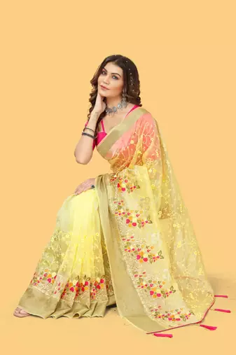 Yellow woven patta organza silk blend saree with embroidery and stone work