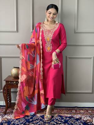 Viscose Silk Fabric work Straight cut Kurta, Pant and Dupatta Set 1