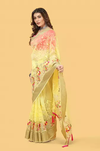 Yellow woven patta organza silk blend saree with embroidery and stone work