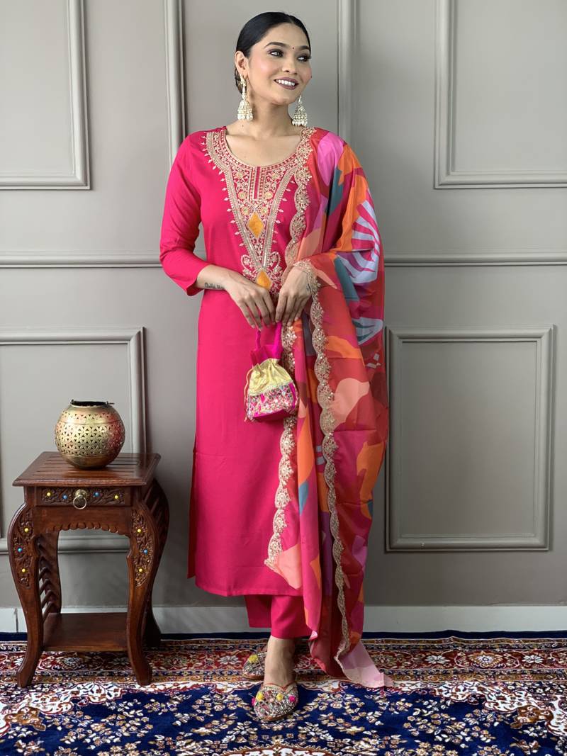 Viscose Silk Fabric work Straight cut Kurta, Pant and Dupatta Set
