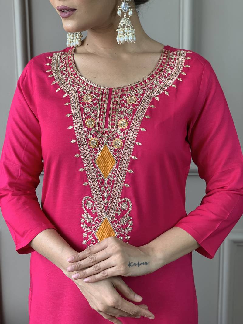 Viscose Silk Fabric work Straight cut Kurta, Pant and Dupatta Set