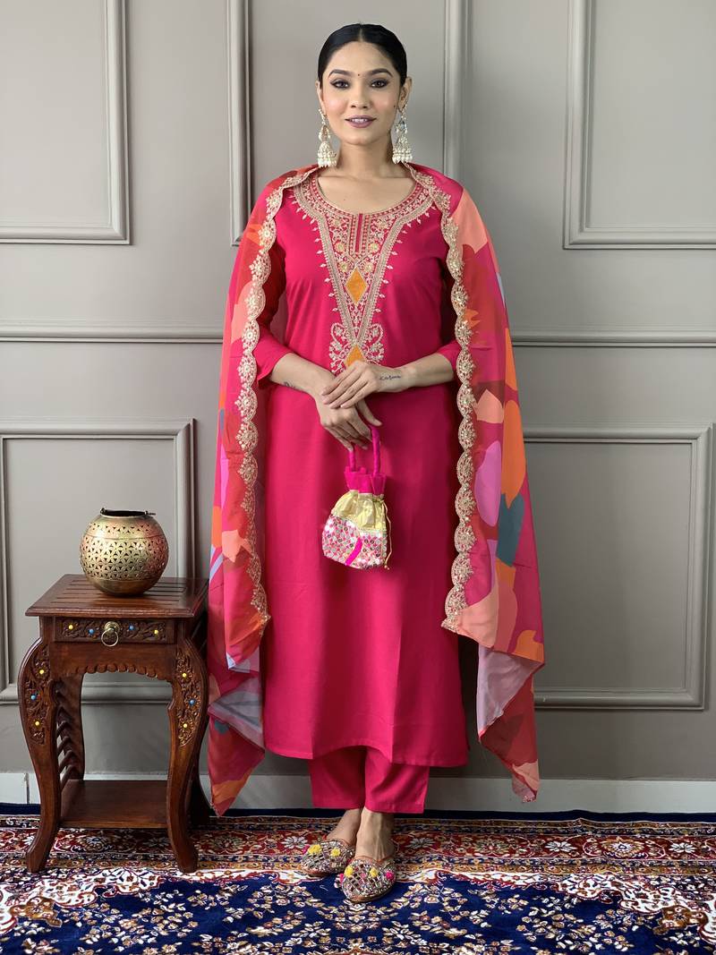 Viscose Silk Fabric work Straight cut Kurta, Pant and Dupatta Set