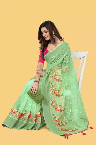 Green woven patta organza silk blend saree with embroidery and stone work