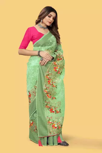 Green woven patta organza silk blend saree with embroidery and stone work