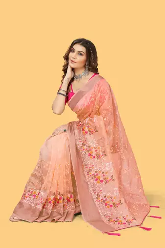 Orange woven patta organza silk blend saree with embroidery and stone work