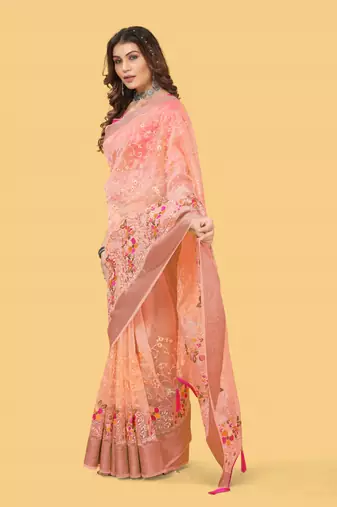 Orange woven patta organza silk blend saree with embroidery and stone work
