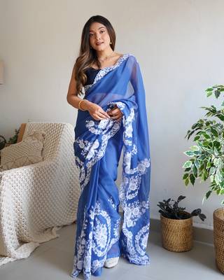 Blue thai organza silk blend fancy thread embroidery with cut dana work saree 1