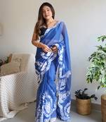 Blue thai organza silk fancy thread embroidery with cut dana work saree