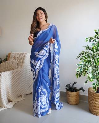 Blue thai organza silk blend fancy thread embroidery with cut dana work saree 3