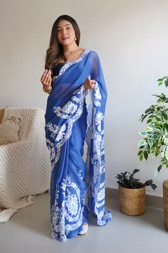 Blue thai organza silk blend fancy thread embroidery with cut dana work saree