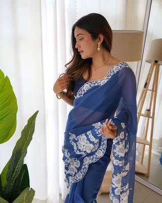 Blue thai organza silk blend fancy thread embroidery with cut dana work saree 4