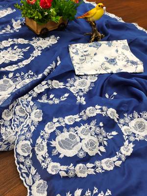 Blue thai organza silk blend fancy thread embroidery with cut dana work saree 5