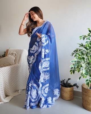 Blue thai organza silk blend fancy thread embroidery with cut dana work saree 6