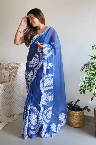 Blue thai organza silk blend fancy thread embroidery with cut dana work saree