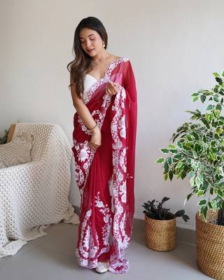Red thai organza silk blend fancy thread embroidery with cut dana work saree 1