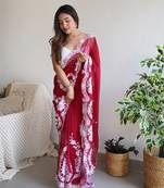 Red thai organza silk fancy thread embroidery with cut dana work saree