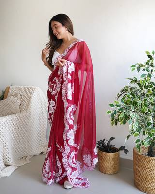 Red thai organza silk blend fancy thread embroidery with cut dana work saree 3